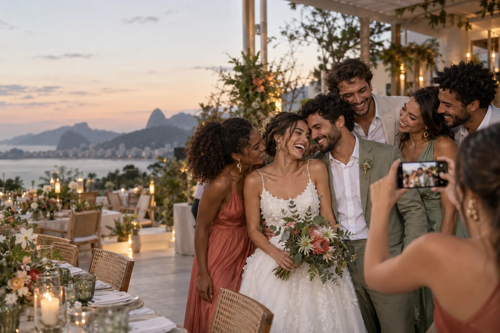 Casal recém-casado sorrindo com amigos durante a recepção